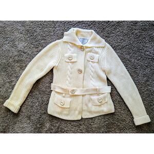 Talbots Petite Cream Crochet Knit Cardigan Sweater 100% Pima Cotton Belt Jacket